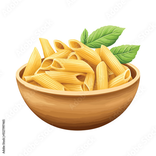 Penne Pasta in Wood Bowl with Basil Leaves, Isolated on White Background