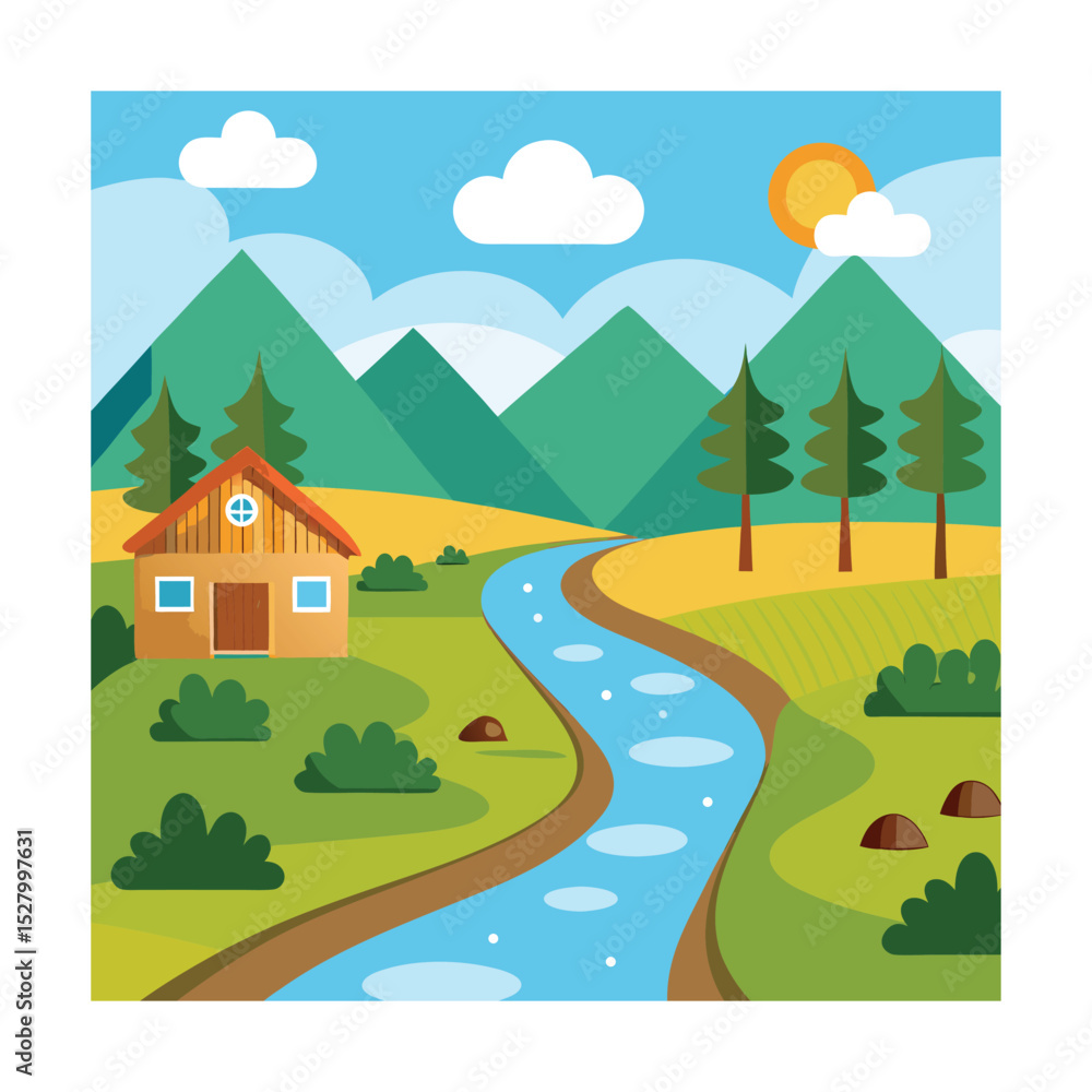 Fototapeta premium Cartoon Mountain Landscape with River, Trees, and Cozy Cottage