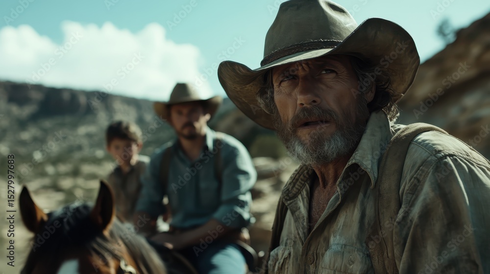 Fototapeta premium A group of rugged cattlemen on horseback in a dramatic outdoor setting, embodying the spirit of the Wild West, with a focus on adventure and resilience in life.