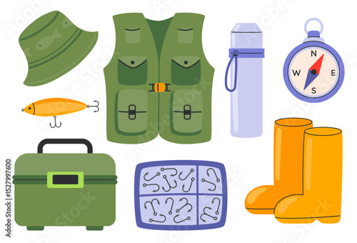 Fishing set. Hook, lure, bait, fish tackles in box, vest, boots,thermos, compass. Angling and spinning equipment. Hand drawn flat vector illustration isolated on white background