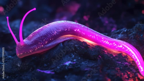 Glow Worm: Captivating Macro Shot of a Bioluminescent Slug on Dark Rocky Surface