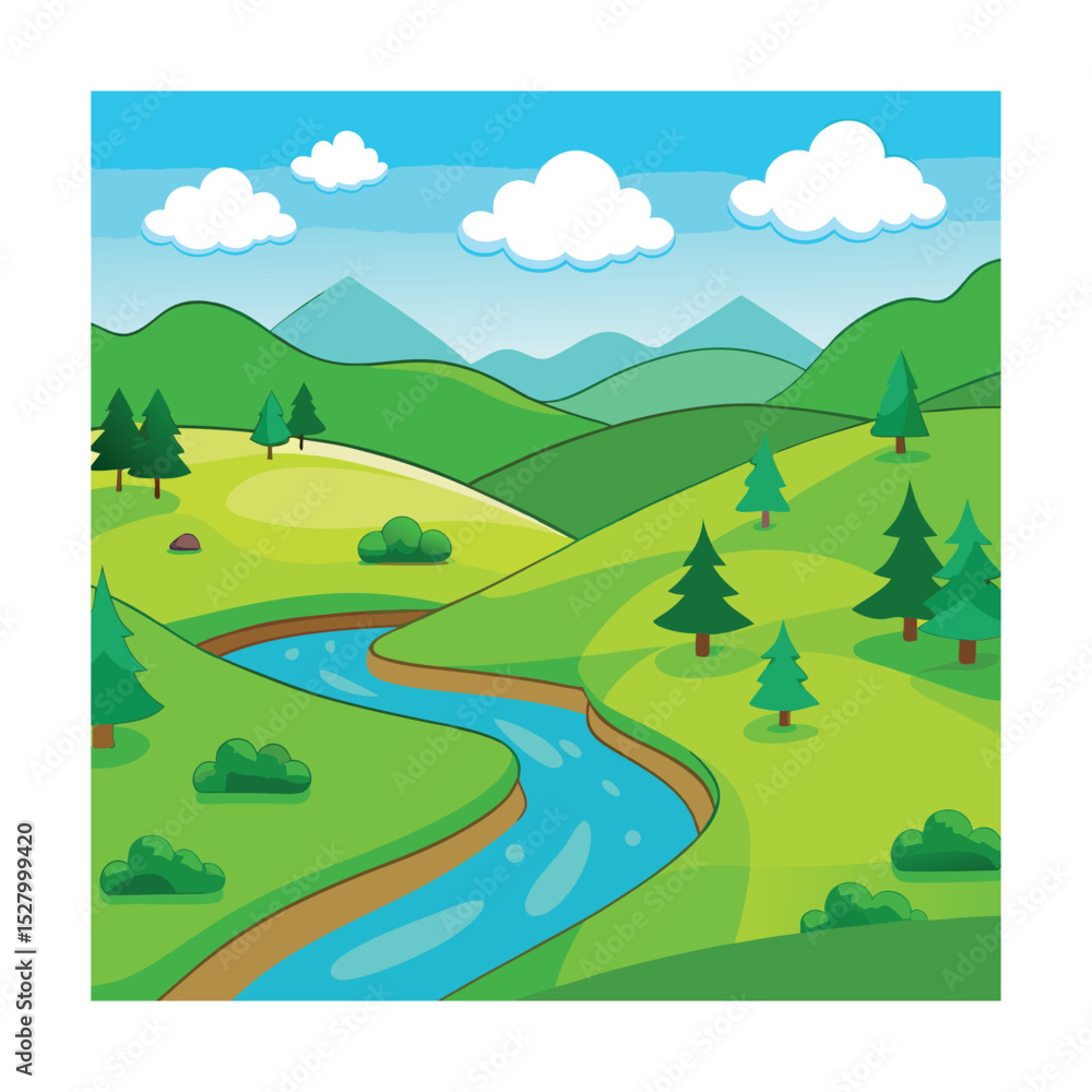 Fototapeta premium Cartoon River Through Rolling Green Hills