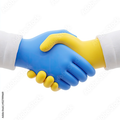 Two hands in colored gloves shaking