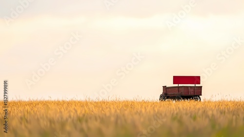 A lone red wagon sits in a vast golden wheat field under a soft, cloudy sky.  Evokes themes of agriculture, harvest, rural life, and simplicity.