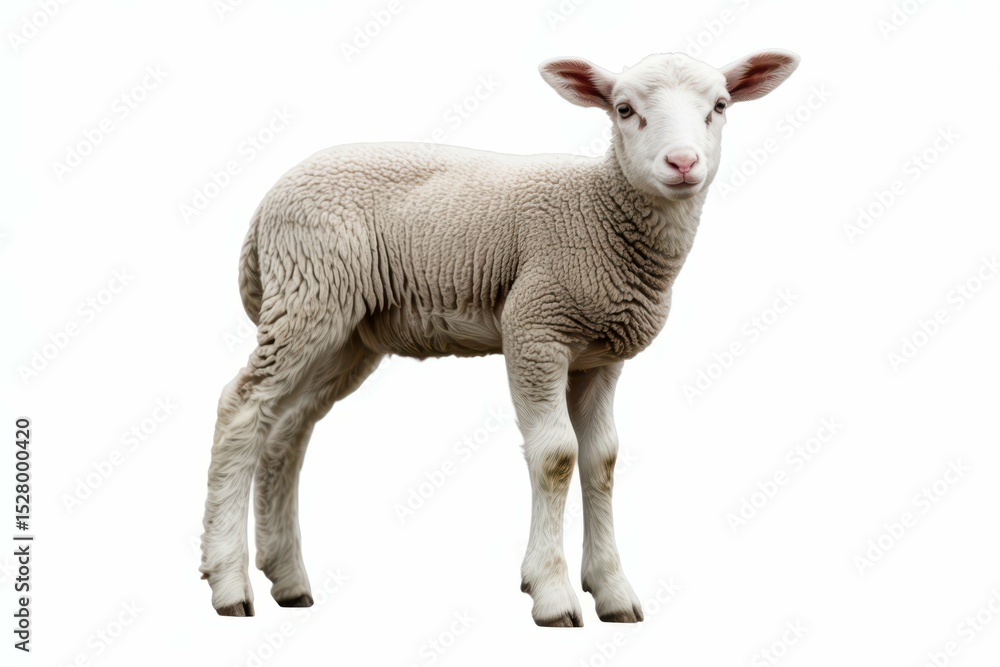 Cut out of young sheep lamb isolated on white background looking at camera. Side view full body length. Innocence and sacrifice concept .No people. Copy space Generative AI isolated, white background Cut out of young sheep lamb isolated on white background looking at camera. Side view full body length. Innocence and sacrifice concept .No people. Copy space Generative AI isolated, white background