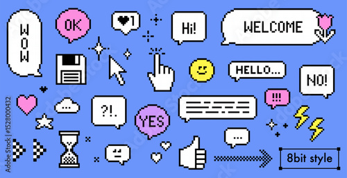A set of retro stickers, speech bubble messages and icons in pixel art style. 8bit emoji. Y2k dialogue balloon with text Welcome, Hello for social media. Game abstract elements on blue background