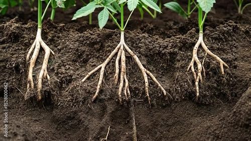 Young plants with visible roots in soil