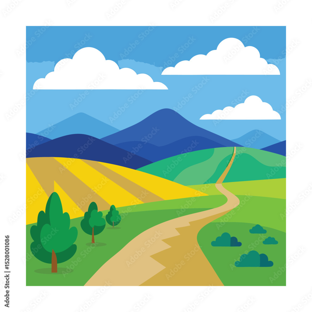 Fototapeta premium Minimalist Cartoon Countryside Landscape with Farmland and Mountains