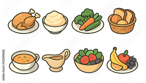 Home-cooked meal isometric set. roasted chicken, mashed potatoes, steamed vegetables, bread basket, soup bowl, gravy boat, salad bowl, fruit platter