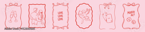 Elegant wedding poster set. Hand drawn romantic cute just married couple, cupid, champagne, playing cards in coquette line style. Unique doodle sketched vector illustrations for invitations.	