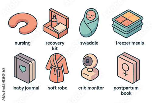 Postpartum prep isometric set. nursing pillow, recovery kit, swaddle blanket, freezer meals, baby journal, soft robe, crib monitor, postpartum book