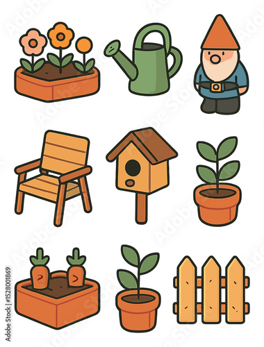 Outdoor garden isometric set. flower bed, watering can, birdhouse, garden gnome, patio chair, vegetable patch, potted plant, fence section