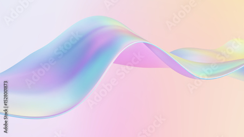 3D glass ribbon fluid wave. Abstract liquid background. Blue gradient holographic elements swirl with iridescent flow shapes and neon light. Bright spectral movement and colorful refraction.