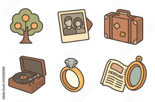 Family history isometric set. family tree, black-and-white photo, diary book, vintage suitcase, record player, wedding ring, old newspaper, heirloom locket
