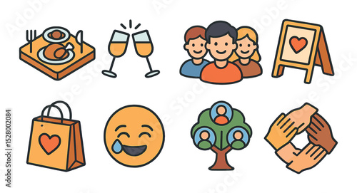 Family gathering isometric set. shared meal, toast glasses, smiling group, welcome board, gift bag, happy tears emoji, family tree icon, circle of hands