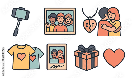 Best friends farewell isometric set. selfie stick, group photo, BFF necklace, hug goodbye, matching shirts, signed photo frame, gift box, heart emoji