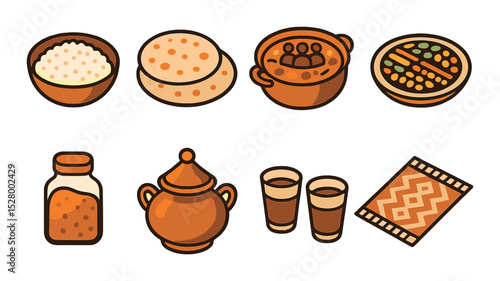Cultural family meal isometric set. rice dish, flatbread, family stew, shared platter, spices jar, traditional serving pot, tea glasses, woven table runner