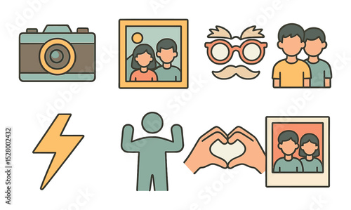 Sibling photoshoot isometric set. vintage camera, picture frame, silly glasses, matching outfits, flash symbol, pose icon, heart hands, photo print