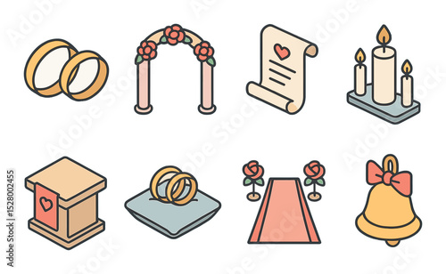 Wedding ceremony symbols isometric set. wedding rings, flower arch, vow scroll, unity candle, altar, ring pillow, aisle runner, ceremony bell