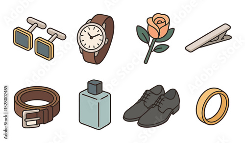 Groom essentials isometric set. cufflinks, watch, boutonniere, tie clip, belt, cologne, formal shoes, wedding band