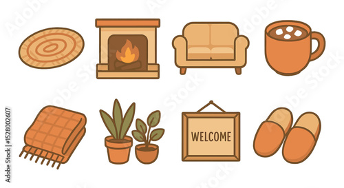 Warm interior elements isometric set. cozy rug, crackling fireplace, soft couch, hot cocoa cup, knit blanket, indoor plants, framed welcome art, slippers