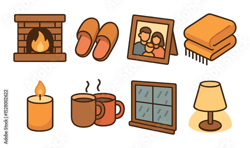Home warmth isometric set. fireplace, slippers, family photo, warm blanket, candlelight, shared cocoa, window with rain, soft lighting