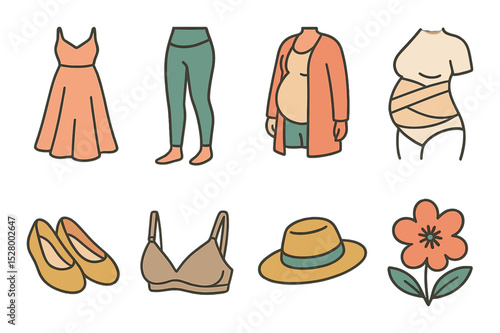 Maternity fashion isometric set. flowy dress, leggings, cozy cardigan, belly wrap, soft flats, nursing bra, stylish hat, floral print