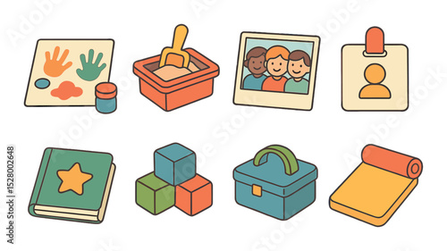Preschool memories isometric set. finger painting, sandbox toy, group photo, name tag, storybook, building blocks, lunchbox, nap mat