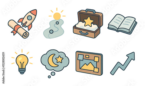 Graduation goals and dreams isometric set. diploma next to rocket, glowing roadmap, suitcase of dreams, open book, shining lightbulb, dream bubble, vision