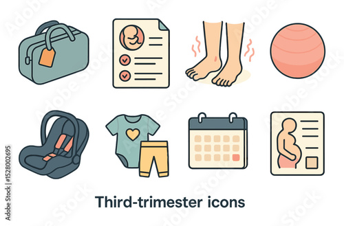 Third trimester isometric set. packed hospital bag, birth plan, swollen feet icon, birth ball, car seat, baby clothes set, countdown calendar, maternity