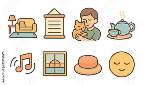 Peaceful home isometric set. tidy room, family rules board, pet cuddles, tea set, soft music icon, sunset window, meditation cushion, calm emoji