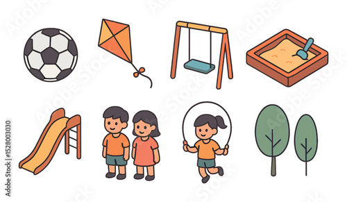 Playful family time isometric set. soccer ball, kite, swing, sandbox, slide, siblings, jumping rope, trees