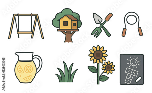 Backyard fun isometric set. swing set, treehouse, garden tools, skipping rope, lemonade jug, grass, sunflowers, chalk drawing