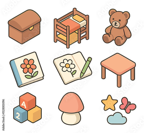 Children's room isometric set. toy chest, bunk bed, coloring book, teddy bear, building blocks, night light, child-sized table, wall stickers