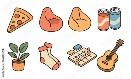 Casual hangouts isometric set. pizza slice, bean bags, TV remote, soda cans, indoor plant, cozy socks, board game setup, guitar