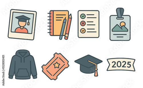Class of 2025 graduation timeline isometric set. first day photo, school supplies, test sheet, field trip badge, senior hoodie, prom ticket, cap icon.