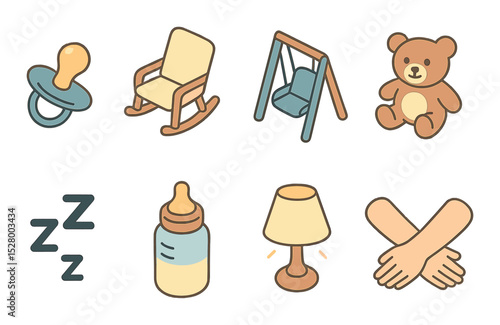 Soothing essentials isometric set. pacifier, rocking chair, baby swing, cuddly toy, lullaby symbol, warm bottle, gentle light, cuddling arms
