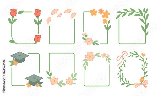 Floral celebration frame isometric set. rose buds, petal trails, blooming edges, leafy corners, graduation caps with flowers, pastel florals, delicate