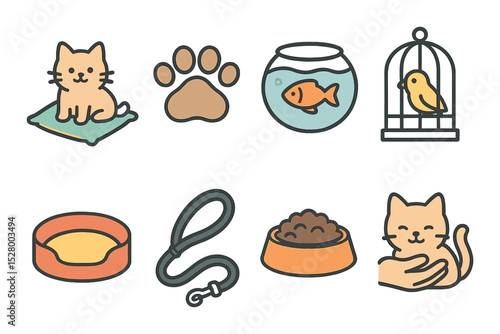 Pets as family isometric set. cat on pillow, dog paw, fishbowl, bird in cage, pet bed, walking leash, food bowl, cuddle icon