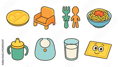 Dinner with kids isometric set. child-sized plate, booster seat, fun utensils, spaghetti bowl, spill-proof cup, napkin bib, milk glass, cartoon placemat