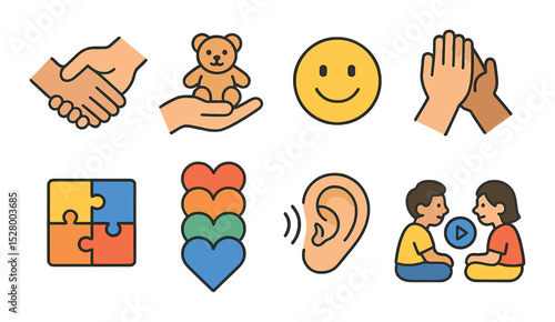 Friendship and sharing isometric set. hand holding, toy sharing, smile emoji, group high five, team puzzle, rainbow hearts, listening ear, playdate icon