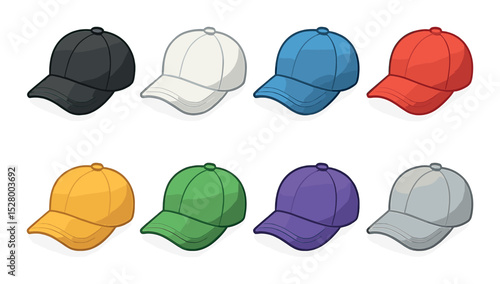 Caps in color isometric set. black cap, white cap, blue cap, red cap, gold cap, green cap, purple cap, silver cap