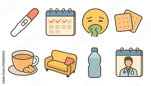 First trimester isometric set. positive test, calendar with week marks, morning sickness emoji, crackers, ginger tea, resting couch, water bottle, doctor