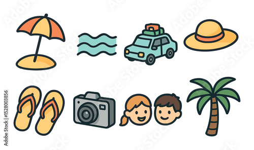 Family vacation drawing isometric set. beach umbrella, waves, car with luggage, sunhat, flip-flops, camera, smiling kids, palm tree