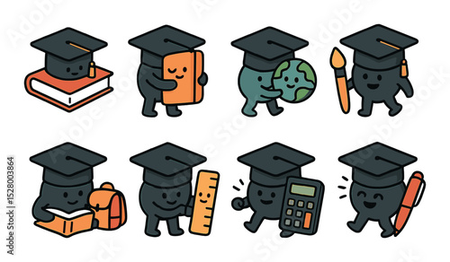 Grad cap and best friends isometric set. cap with book, cap hugging notebook, cap playing with globe, cap with paintbrush, cap reading with backpack, cap
