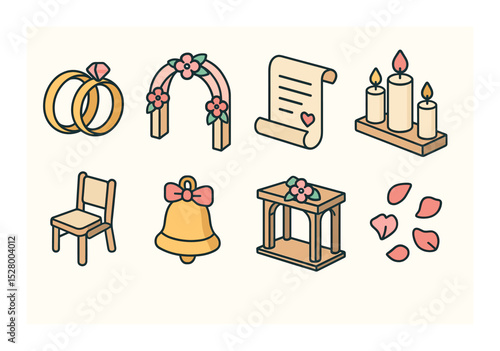 Wedding ceremony isometric set. wedding rings, flower arch, vows scroll, unity candle, ceremony chairs, wedding bell, altar, flower petals