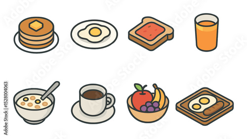 Family breakfast isometric set. pancakes, scrambled eggs, toast with jam, orange juice, cereal bowl, coffee cup, fruit bowl, breakfast tray