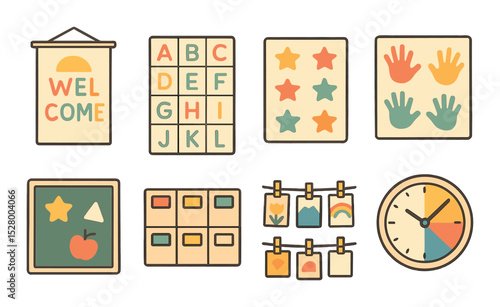 Classroom decoration isometric set. welcome poster, alphabet chart, star stickers, handprint wall, felt board, cubby labels, craft display, rainbow clock