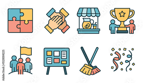 Teamwork moments isometric set. puzzle pieces, hand stack, lemonade stand, shared trophy, team flag, project board, cleaning tools, celebration confetti