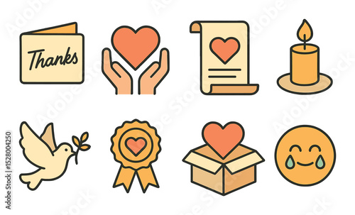 Thank-you messages isometric set. card with handwritten thanks, emoji heart in hands, gratitude scroll, candlelight, peaceful dove, ribbon seal, care box.